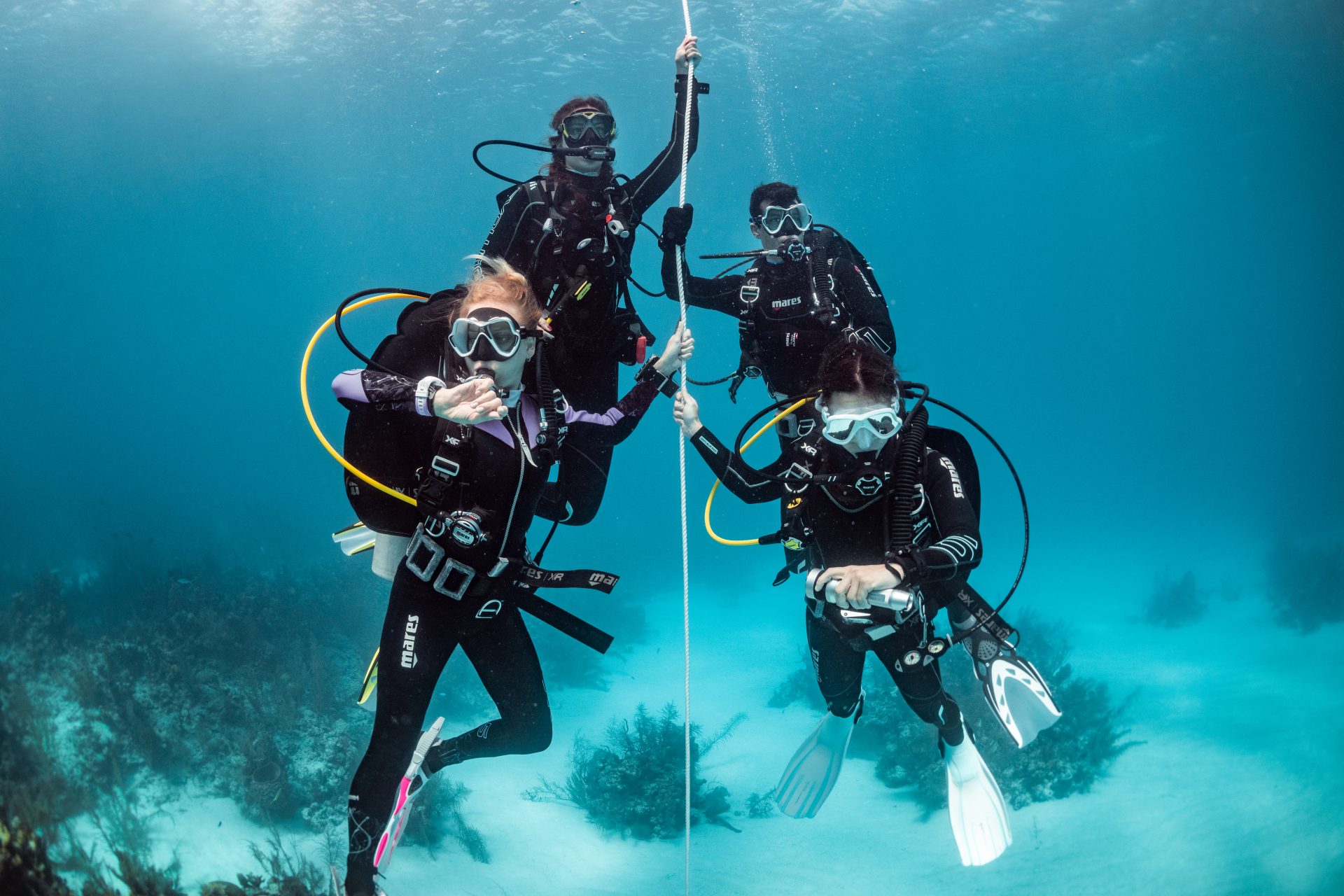 Four scuba students descend using a control descent line during their Open Water training course