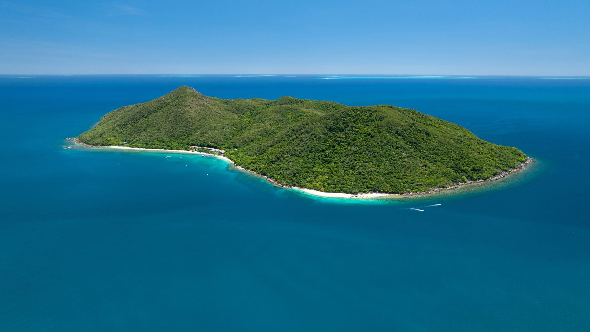 Aerial view of rainforest-covered Fitzroy Island surrounded by the deep blue Coral Sea